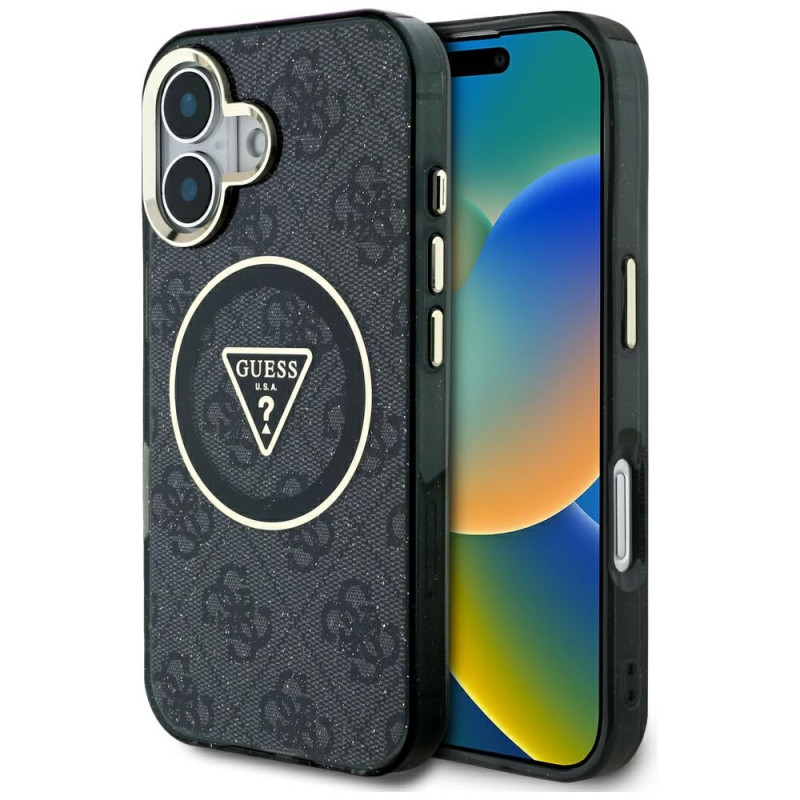 Kryt Guess IML METAL GLITTER 4G Circle Triangle MagSafe pro iPhone 16 - černý
