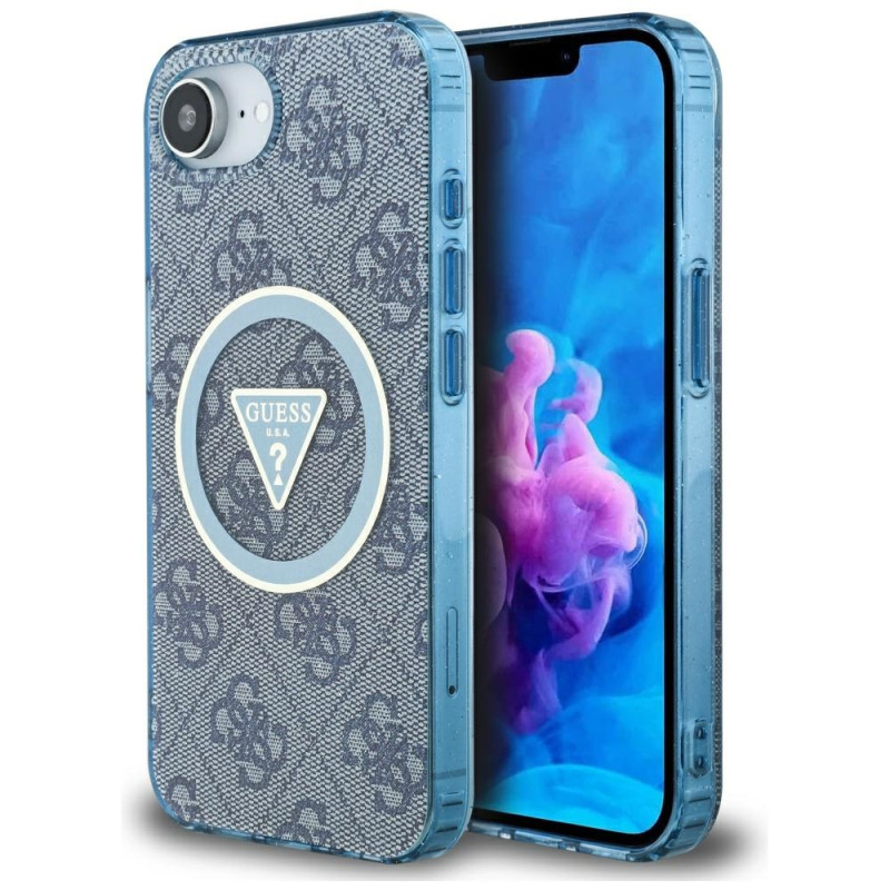 Kryt Guess IML METAL GLITTER 4G Circle Triangle MagSafe pro iPhone 16e - modrý
