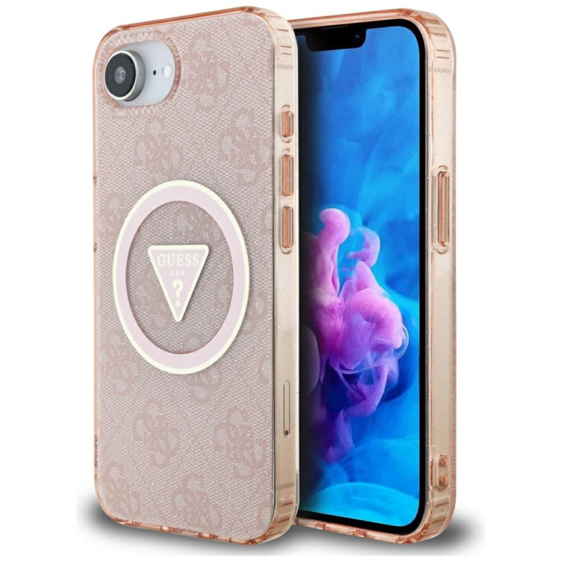 Kryt Guess IML Metal Glitter 4G Circle Triangle pro iPhone 16e - růžová