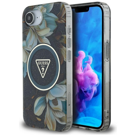 Kryt Guess IML Metal Glitter Flowers Triangle iPhone 16e - black