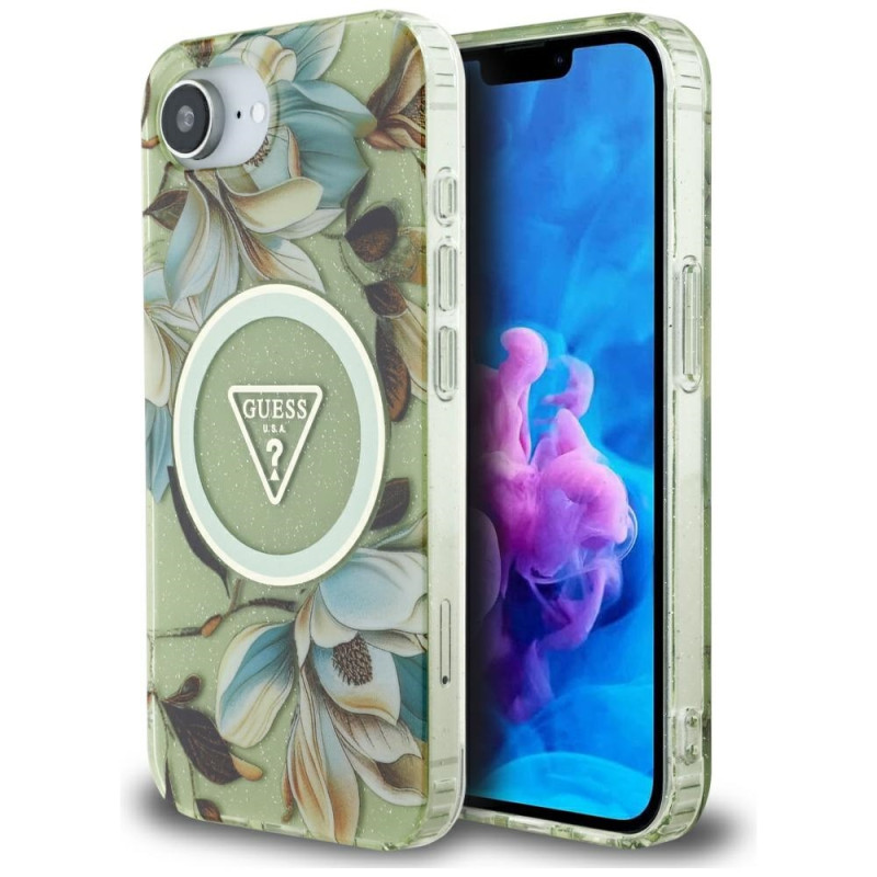 Kryt Guess IML Metal Glitter Flowers Triangle pro iPhone 16e - zelený