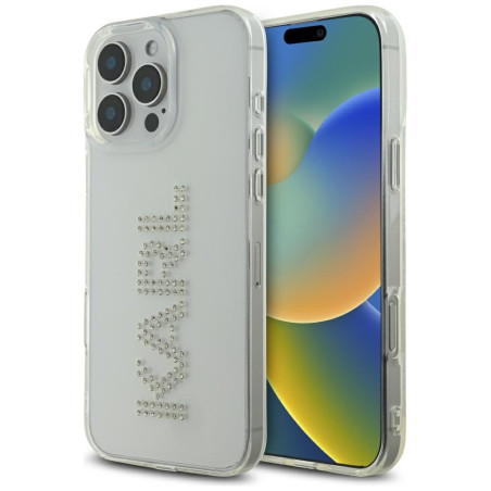 Kryt Karl Lagerfeld IML Rhinestones Logo iPhone 16 Pro - čirý