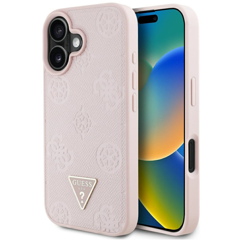 Kryt Guess Grained Hot Stamp Peony Triangle Logo pro iPhone 16 - růžová