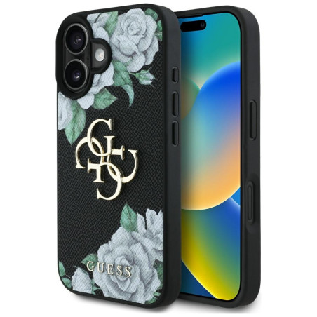 Kryt Guess GRAINED ROSES BIG 4G pro iPhone 16 - černý