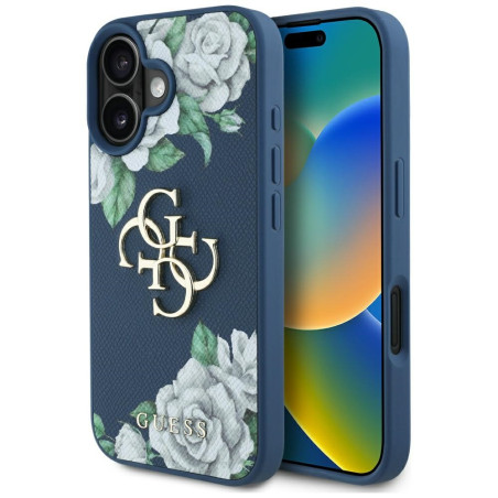 Kryt Guess GRAINED ROSES BIG 4G pro iPhone 16 modrý