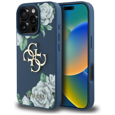Kryt Guess Grained Roses Big 4G pro iPhone 16 Pro Max modrý