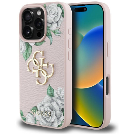 Kryt Guess Grained Roses Big 4G iPhone 16 Pro Max – růžový