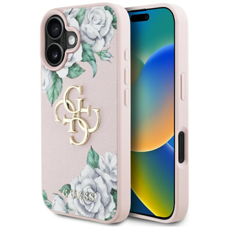 Kryt Guess Grained Roses Big 4G logo pro iPhone 16 - růžová
