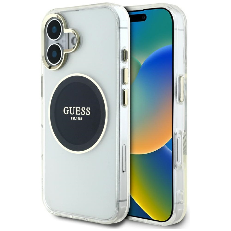 Kryt Guess IML Metal Colored Circle Classic Logo pro iPhone 16 - černý