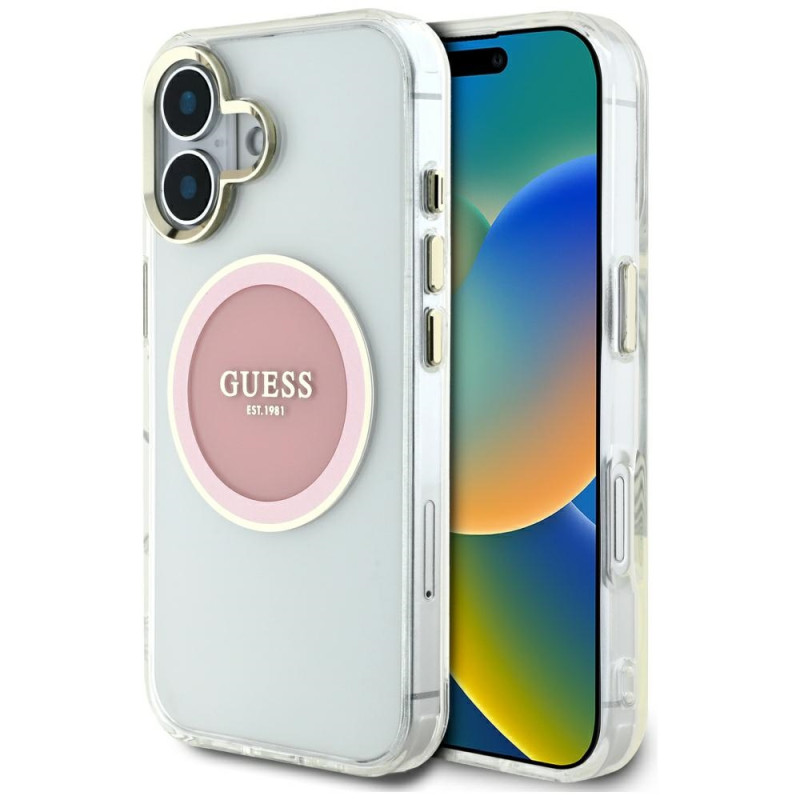 Kryt Guess IML Metal Colored Circle Classic pro iPhone 16 - růžový