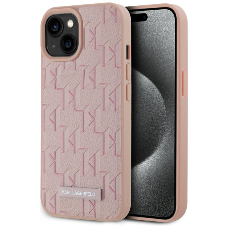 Kryt Karl Lagerfeld LEATHER MONOGRAM METAL Logo pro iPhone 15 - růžový