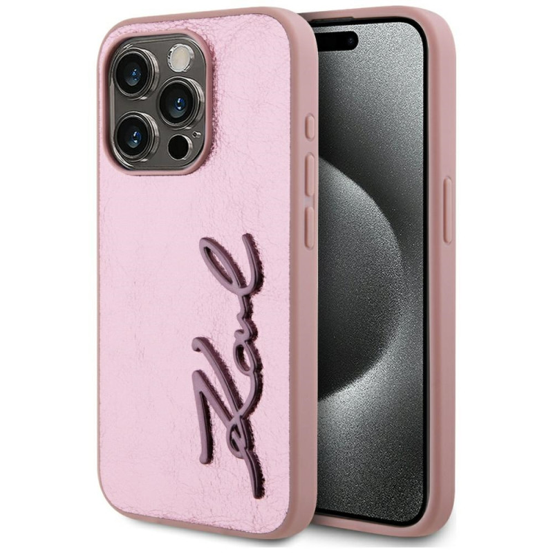 Kryt Karl Lagerfeld WRINKLED METAL SIGNATURE pro iPhone 15 Pro Max - růžová