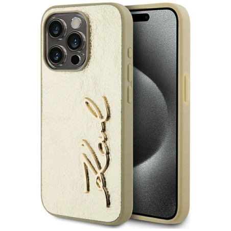 Kryt Karl Lagerfeld WRINKLED METAL Signature iPhone 15 Pro - zlatý