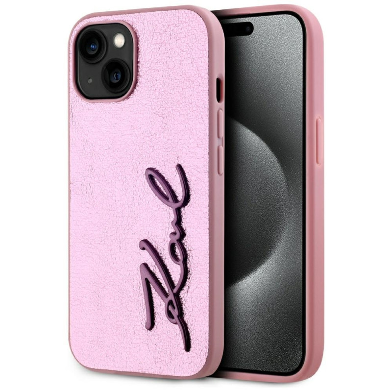 Kryt Karl Lagerfeld WRINKLED METAL SIGNATURE pro iPhone 15 - růžová