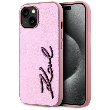 Kryt Karl Lagerfeld WRINKLED METAL SIGNATURE iPhone 15 - růžová