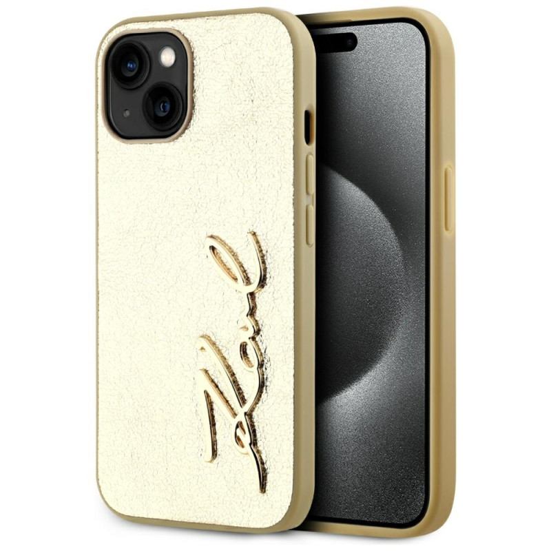 Kryt Karl Lagerfeld WRINKLED METAL SIGNATURE pro iPhone 15 - zlatá