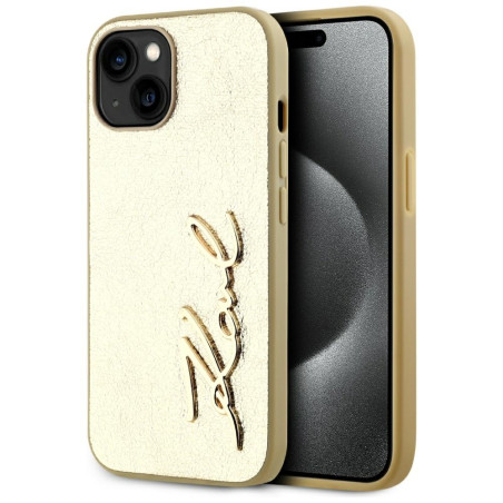 Kryt Karl Lagerfeld WRINKLED METAL SIGNATURE iPhone 15 – zlatý