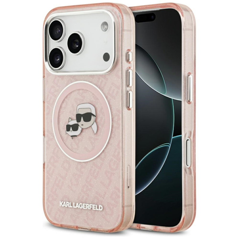 Kryt Karl Lagerfeld IML Glitter Karl & Choupette Heads Logo pro iPhone 17 Pro - růžová