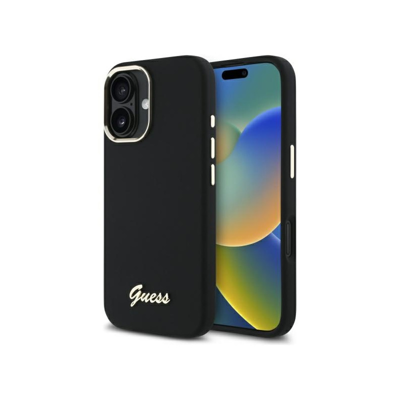 Kryt Guess Silicone Script Metal Logo & Frame pro iPhone 16 Plus - černý