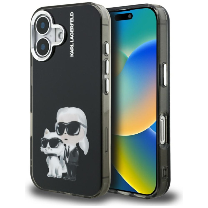 Kryt Karl Lagerfeld IML Aquarelle Karl & Choupette & Logo pro iPhone 16 - černý