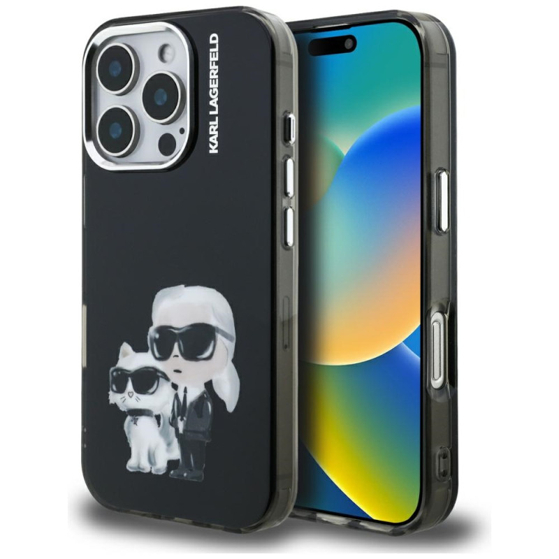 Kryt Karl Lagerfeld IML Aquarelle Karl & Choupette & Logo pro iPhone 16 Pro Max - černý