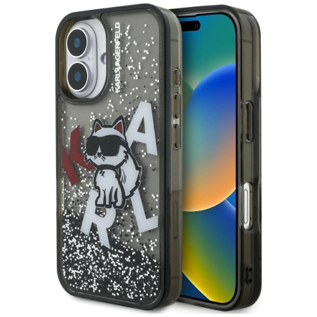 Kryt Karl Lagerfeld CHOUPETTE Liquid Glitter Logo iPhone 16 - černý