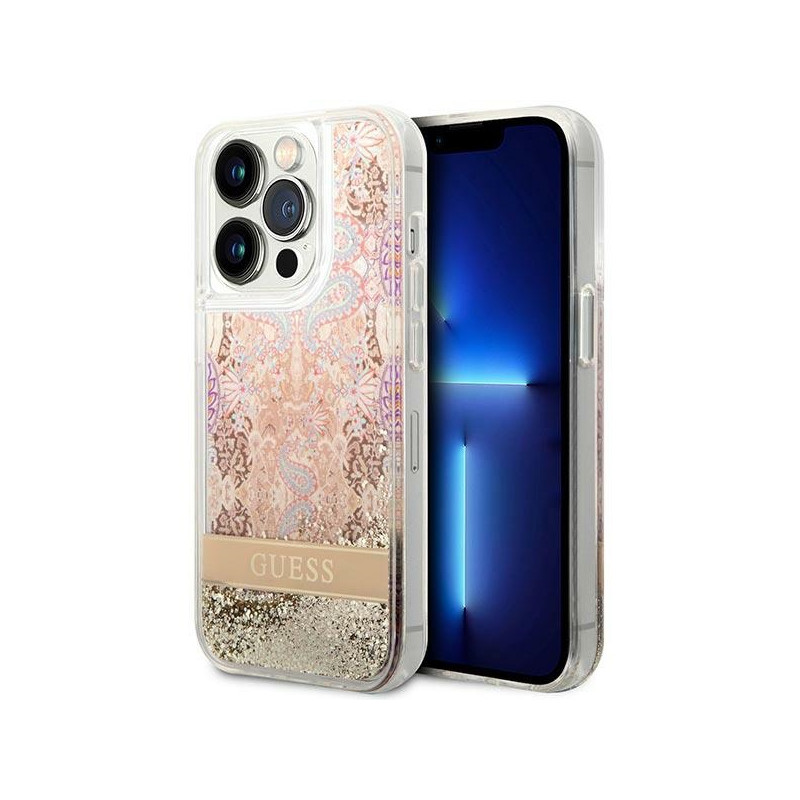 Kryt Guess Paisley LIQUID GLITTER pro iPhone 14 Pro - zlaté