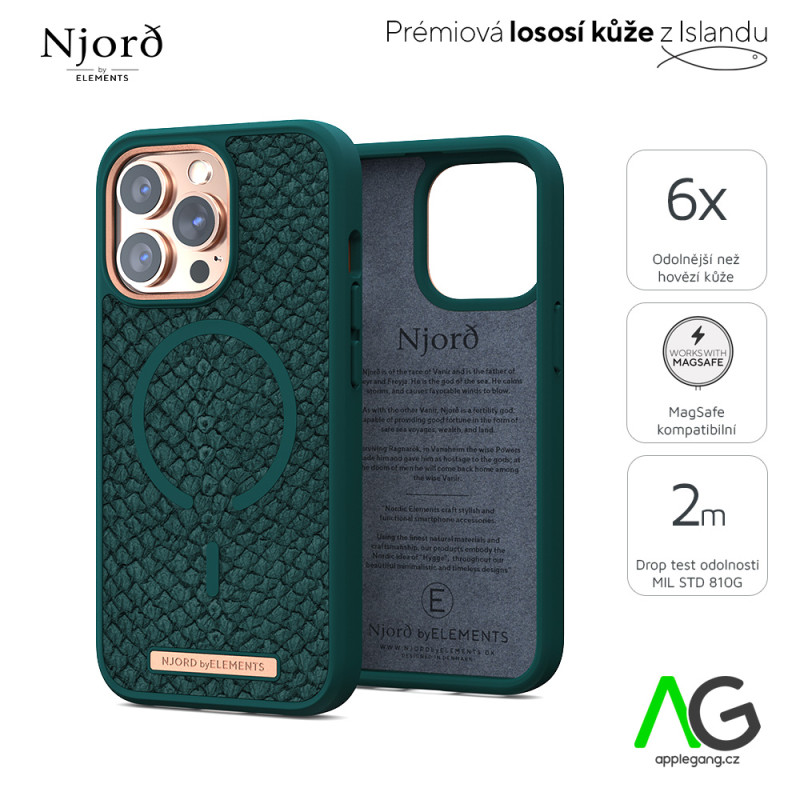NJORD Jord MagSafe Kryt z lososí kůže pro iPhone 13 Pro Max, tmavě zelený