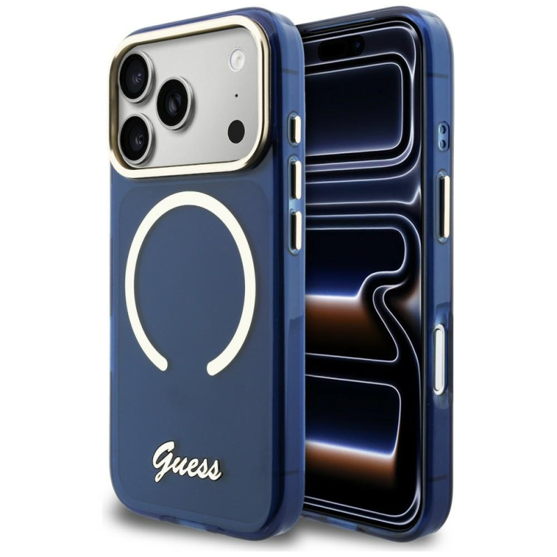 Kryt Guess IML Script Metal MagSafe pro iPhone 17 Pro - modrý