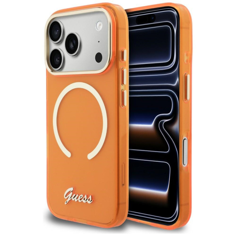 Kryt Guess IML SCRIPT METAL MagSafe pro iPhone 17 Pro - oranžový