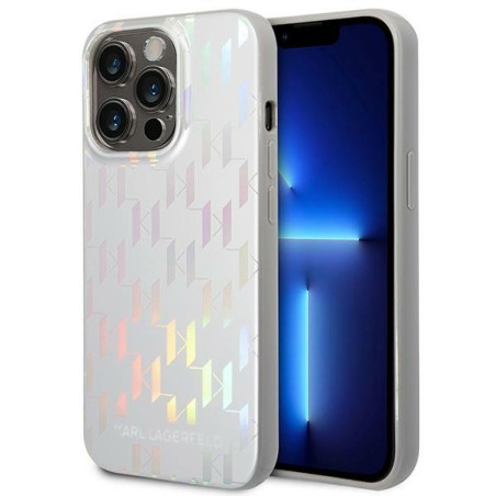 Kryt Karl Lagerfeld Monogram Iridescent iPhone 14 Pro - stříbrné