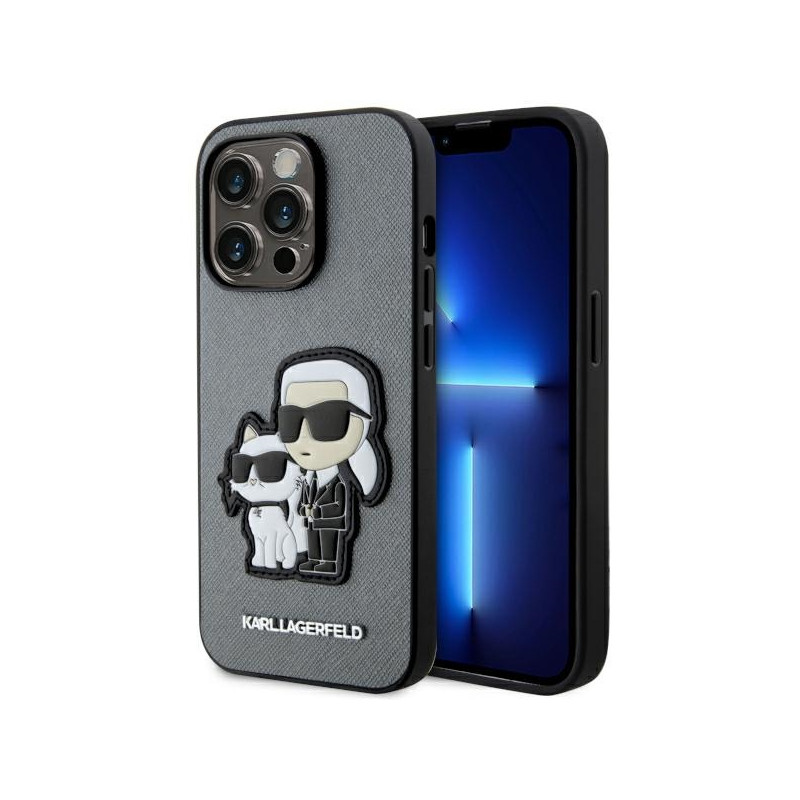 Kryt Karl Lagerfeld SAFFIANO Karl & Choupette pro iPhone 14 Pro - stříbrná