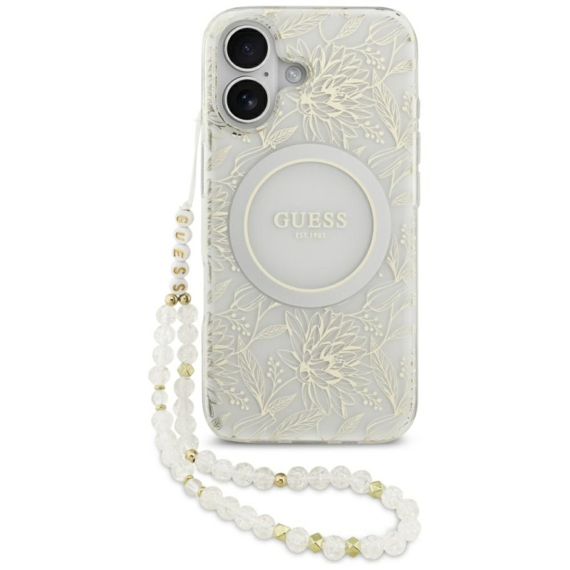 Kryt Guess IML FLOWERS ELECTRO PEARL Strap MagSafe pro iPhone 17 - bílá