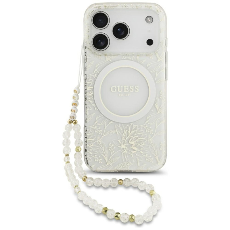 Kryt Guess IML Flowers Electro Pearl Strap MagSafe pro iPhone 17 Pro - bílá