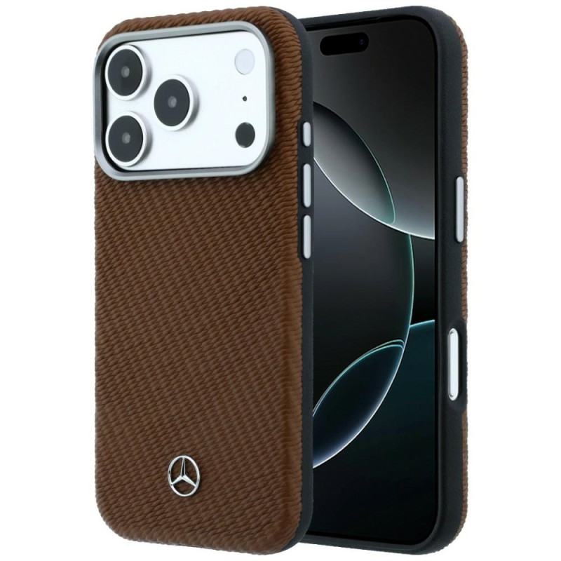 Kryt Mercedes Leather Semi Wrap Wood Effect pro iPhone 17 Pro - hnědý