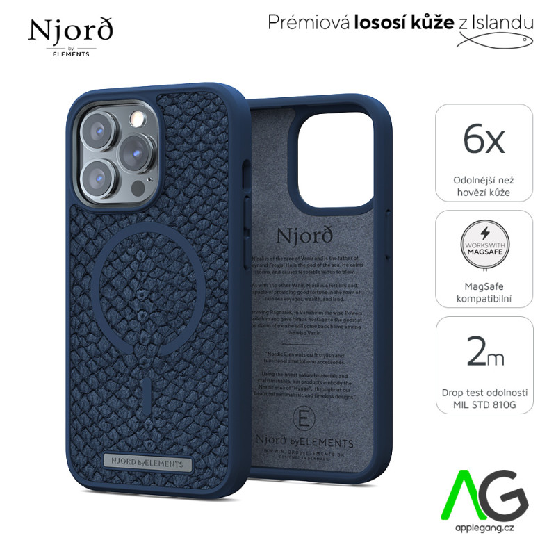 NJORD Vatn MagSafe Kryt z lososí kůže pro iPhone 13 Pro Max (6,7"), tmavě modrý
