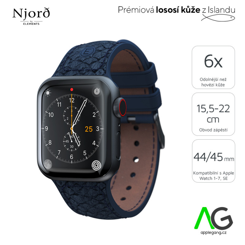NJORD Vatn Řemínek z lososí kůže pro Apple Watch 42/44/45/49mm, tmavě modrý