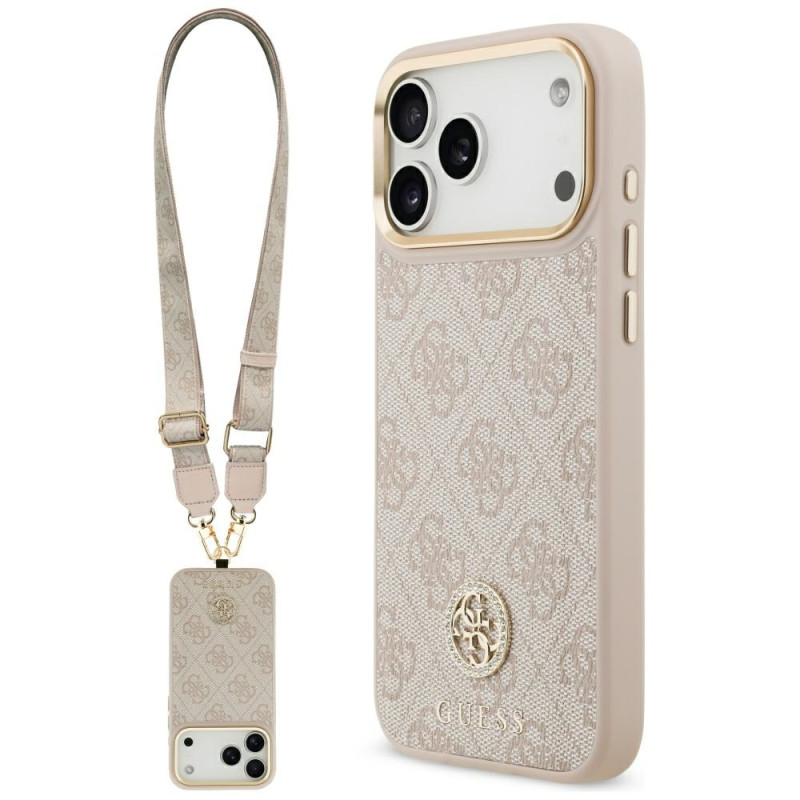 Kryt Guess 4G STRASS LOGO & BIG STRAP METAL BUTTONS pro iPhone 17 Pro Max - růžová