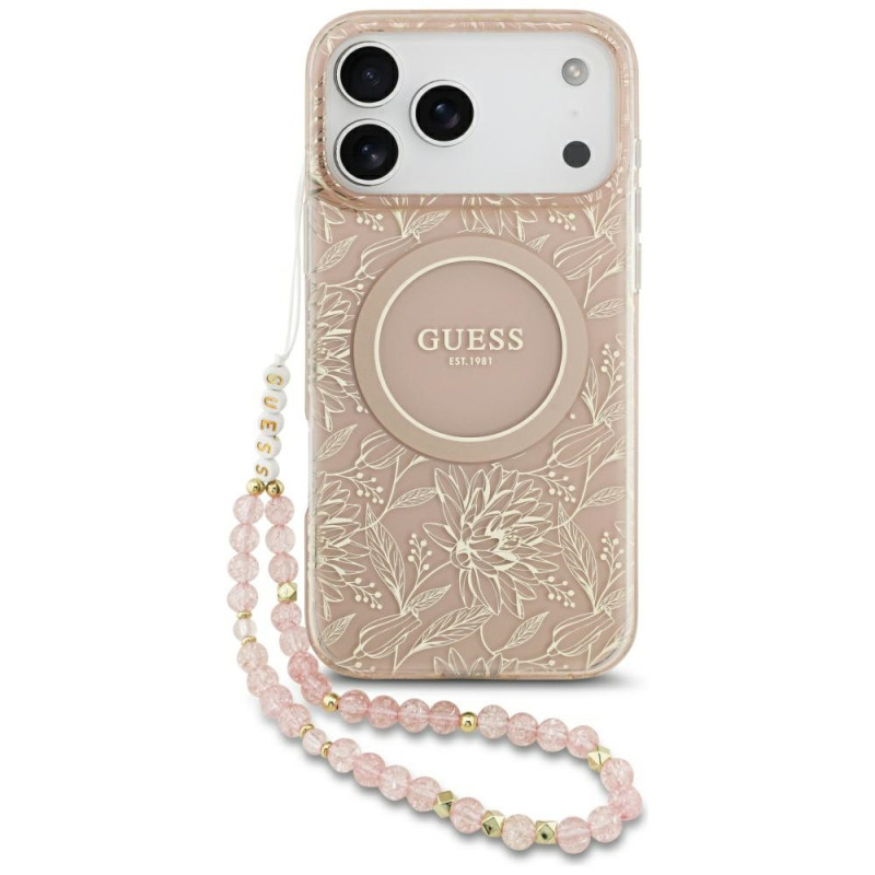 Kryt Guess IML Flowers Electro Pearl Strap MagSafe pro iPhone 17 Pro Max - růžová