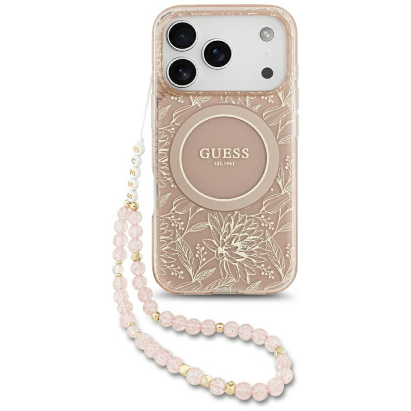 Kryt Guess IML Flowers Electro Pearl Strap MagSafe pro iPhone 17 Pro - pink