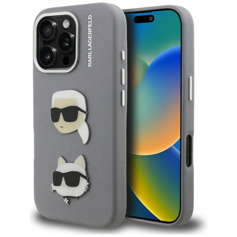 Kryt Karl Lagerfeld FW Grained Karl & Choupette Heads Pins Case pro iPhone 16 Pro - šedý