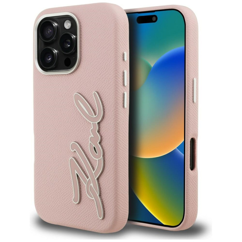 Kryt Karl Lagerfeld FW Grained Signature pro iPhone 16 Pro - růžová