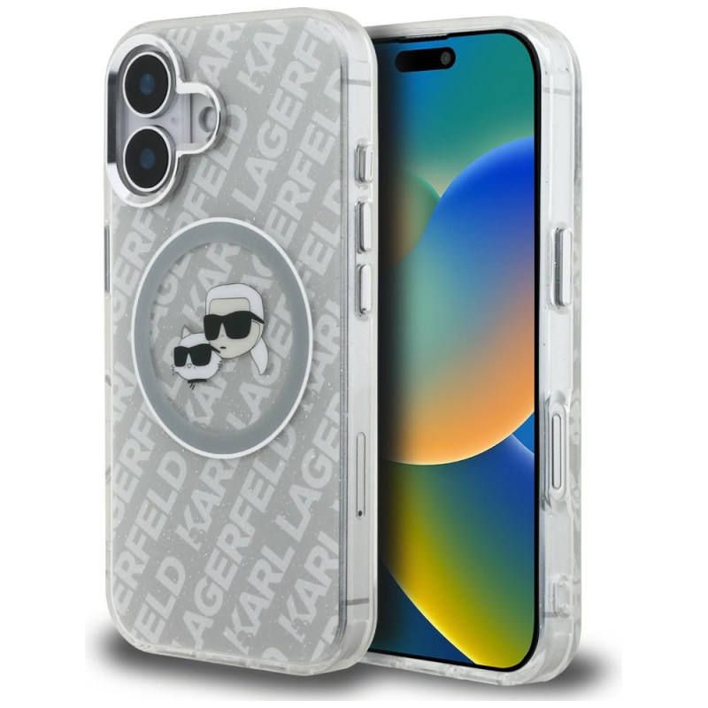 Kryt Karl Lagerfeld IML GLITTER Karl & Choupette Heads Logo pro iPhone 16 - šedý