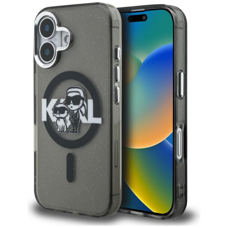 Kryt Karl Lagerfeld IML Glitter Karl & Choupette Sketch Logo pro iPhone 16 - černý