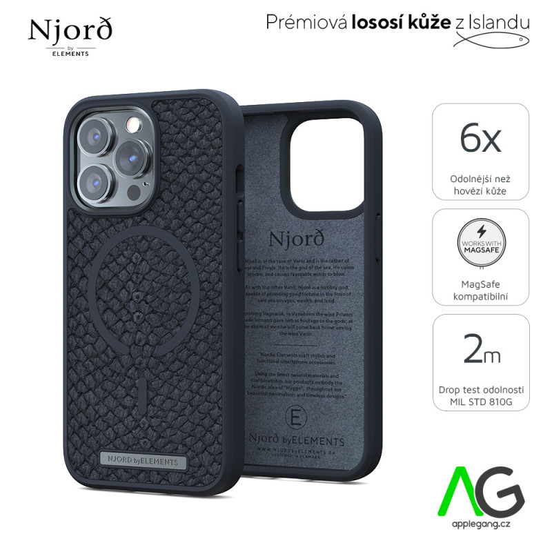 NJORD Vindur MagSafe Kryt z lososí kůže pro iPhone 13 Pro Max, tmavě šedý