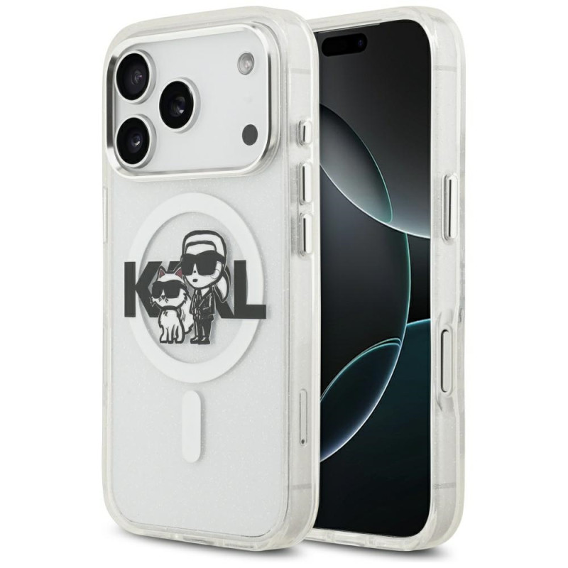 Kryt Karl Lagerfeld IML Glitter Karl & Choupette Sketch Logo pro iPhone 17 Pro - clear