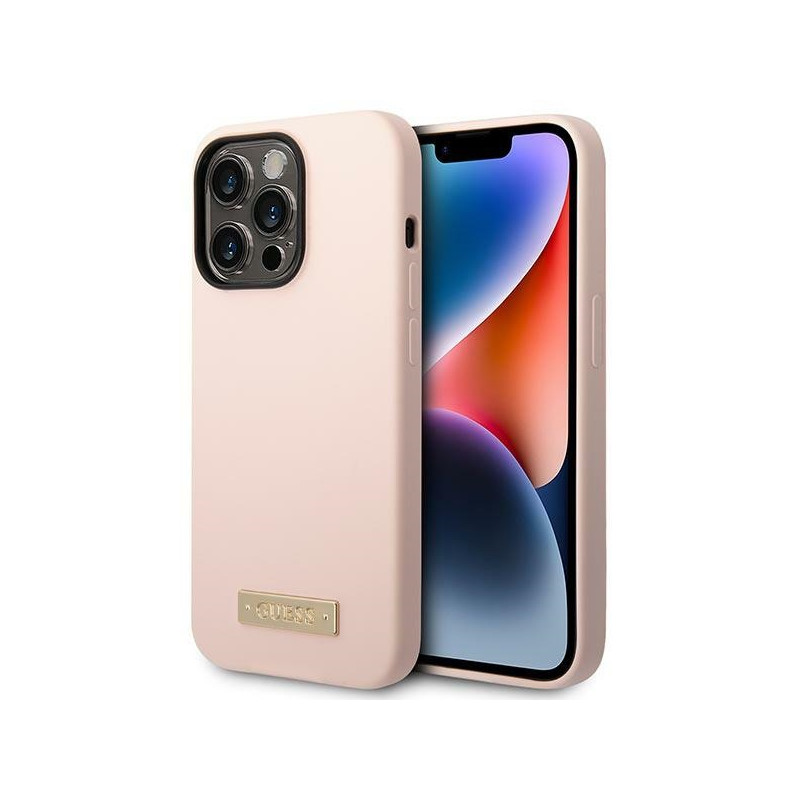 Kryt Guess SILICONE LOGO PLATE MagSafe pro iPhone 14 Pro - růžové