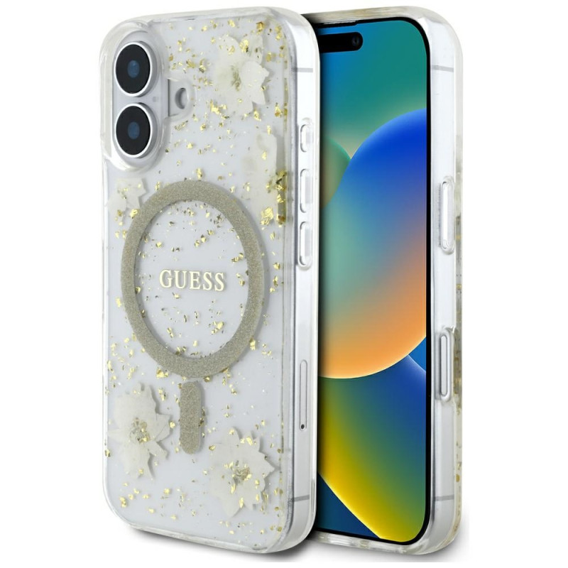 Kryt Guess Resin Flowers Glitter pro iPhone 16 - beige