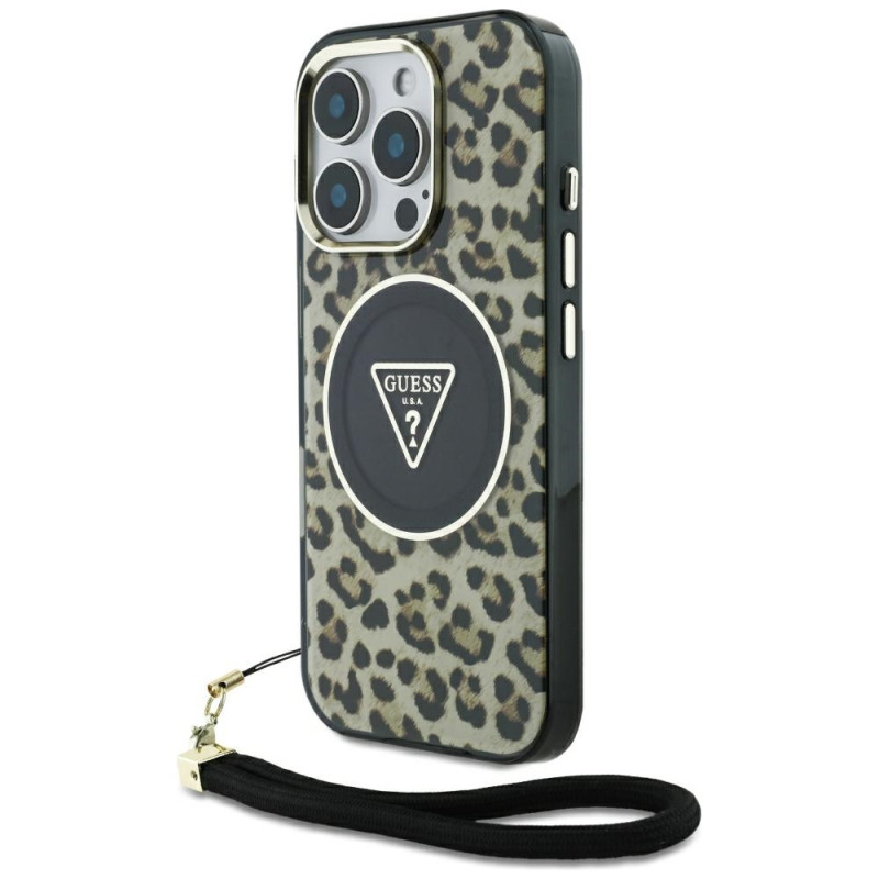 Kryt Guess HC IML Leopard Triangle Cord Strap pro iPhone 16 Pro - hnědý