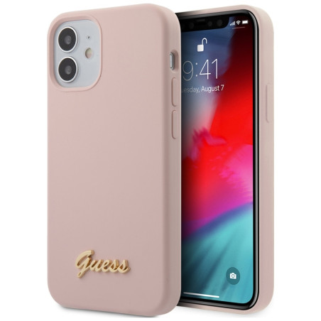 Kryt Guess Silicone Script Gold Logo iPhone 12 mini – světle růžo